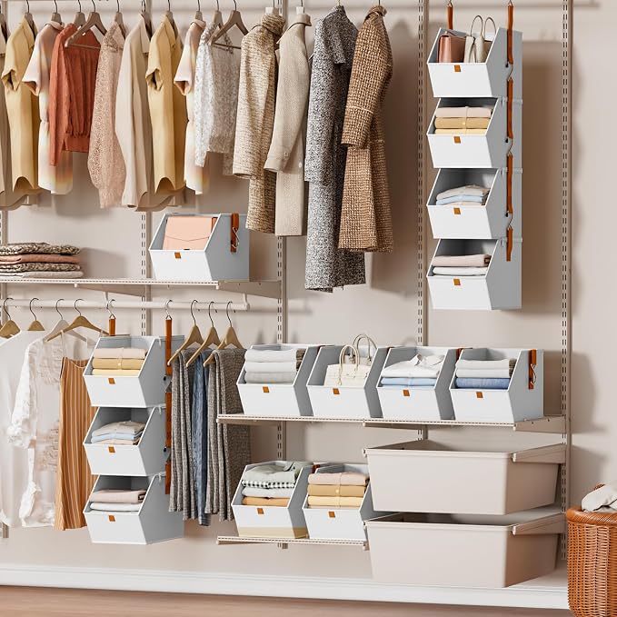 Hanging Closet Organizer 4 Tier - Clothes Hanging Shelves, Space-Saving Closet System, Fabric Storage Bins Bedroom Organization, Collapsible Baskets for Home, Dorm, Rv, White - Image 2