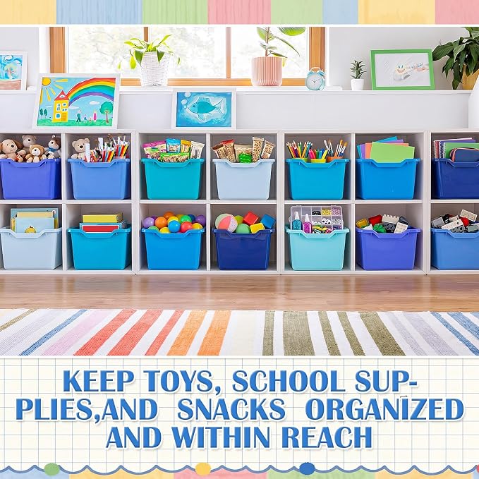 16 Pcs Cubby Bins for Classroom Plastic Book Bins,Blue Series | Storage Bins for Classroom Library, Plastic Stackable Toy Tubs Containers for School Office Home Nursery Playroom - Image 5