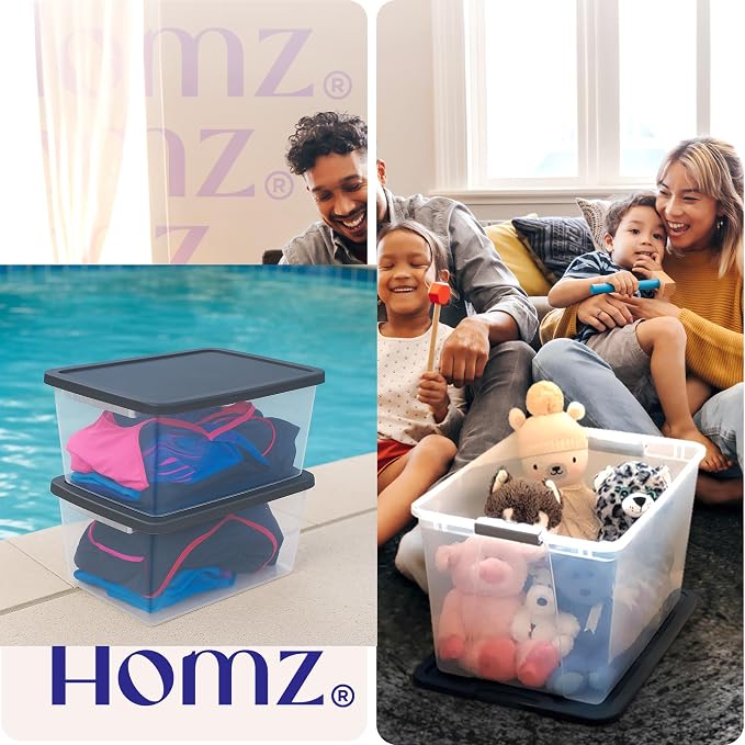 HOMZ 2-Pack Snaplock, Large Clear Plastic Storage Organizer Bins w/Lids, 56 Quart, Gray - Stackable Container Boxes for Bedroom, Bathroom, Garage, and Office Organization - Image 8