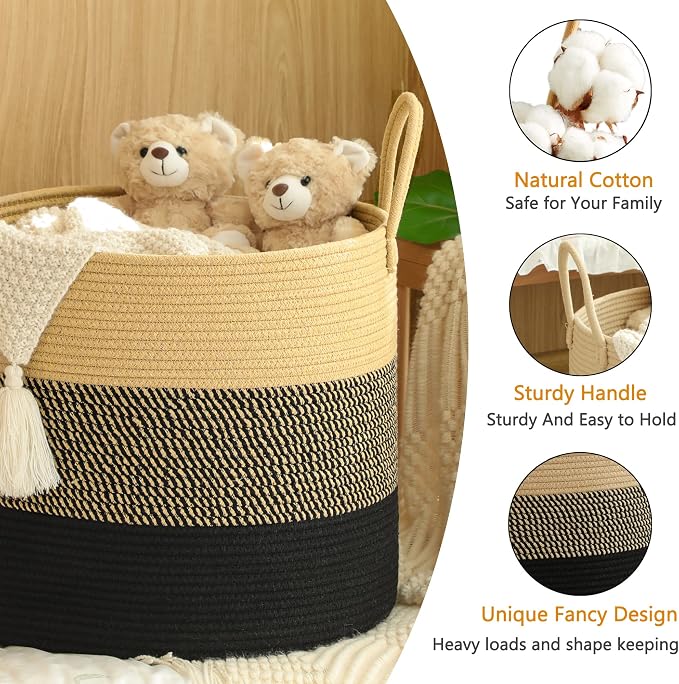 KAKAMAY Large Blanket Basket (18"x18"x16"),Woven Baby Laundry Hamper for Storage, Cotton Rope Blankets Baskets for Nursery, Laundry, Living Room, Pillows, Baby Toy Chest with Handles (Black) - Image 4