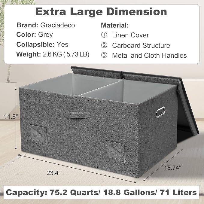 Graciadeco 75 Quarts Extra Large Decorative Storage Bins with Lids, 3 Packs Gray Collapsible Storage Bins with Lids, Stackable Storage Bins Decorative Box Storage With Lid Extra Large | 75 Quarts 3 Pack Gray1 Collapsible Stackable Linen Fabric 4 Handle... - Image 2