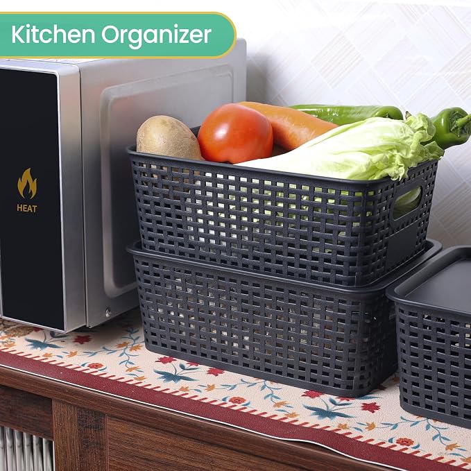 Ohmlove 8 Pack Plastic Storage Baskets with Lids for Organization | Stackable Storage bins, Storages Baskets for Organizing Shelves Drawers Desktop Closet Playroom Classroom Office, Black - Image 6
