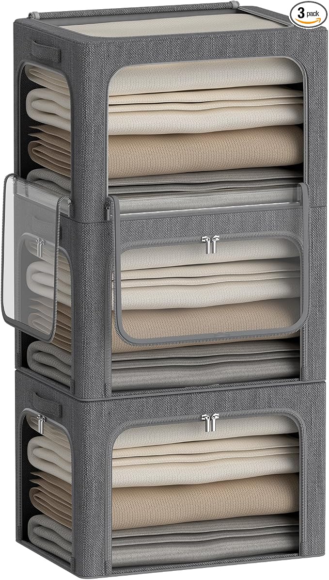 CYhom 3 Openings Clothes Storage Bins Box - 3Pack Stackable Foldable Storage Bin - Metal Frame Storage Box Clothing Storage Organizer with Clear Window, Carry Handles (66L-19.7x15.7x13in, Drak Grey) by CYhom