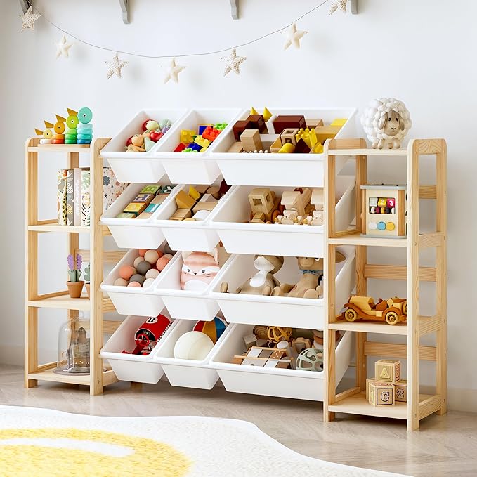 MallBest Extra Wide Toy Storage Organizer with Dual Bookshelves, Kids Wooden Shelf with 12 Removable Bins for Books, Toys, Playroom, Nursery, Bedroom, Natural, Large by MallBest
