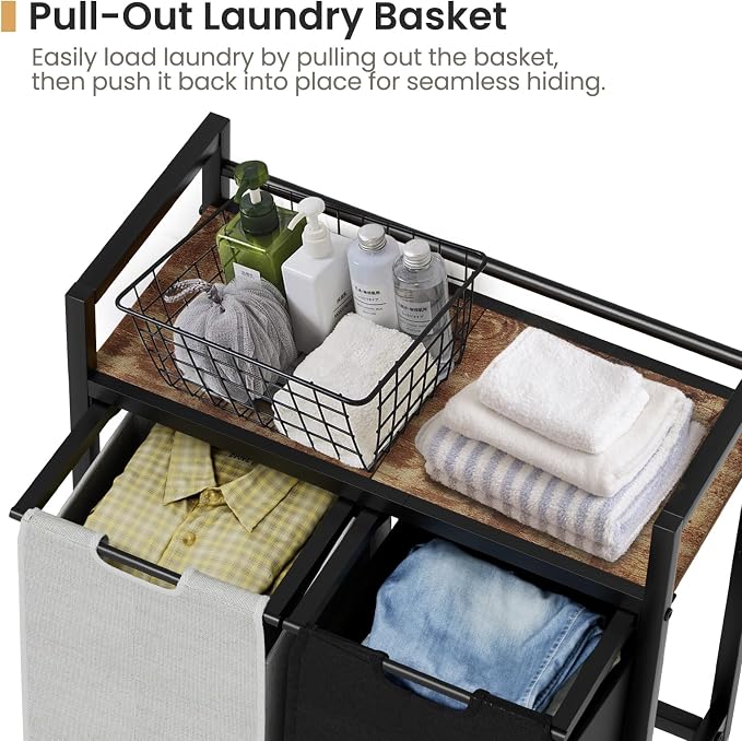SwaaVee Laundry Sorter, Laundry Hamper with Wooden Top Shelf, 2×14.5Gal(110L), Metal Frame laundry basket with wheels, Pull out and Removable Laundry Bags, 2 Bags-Black Grey - Image 4
