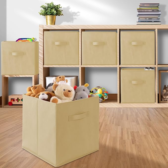 Casafield Set of 12 Collapsible Fabric Cube Storage Bins, Sandy Beige - 13" Foldable Cloth Baskets for Shelves, Cubby Organizers & More - Image 5