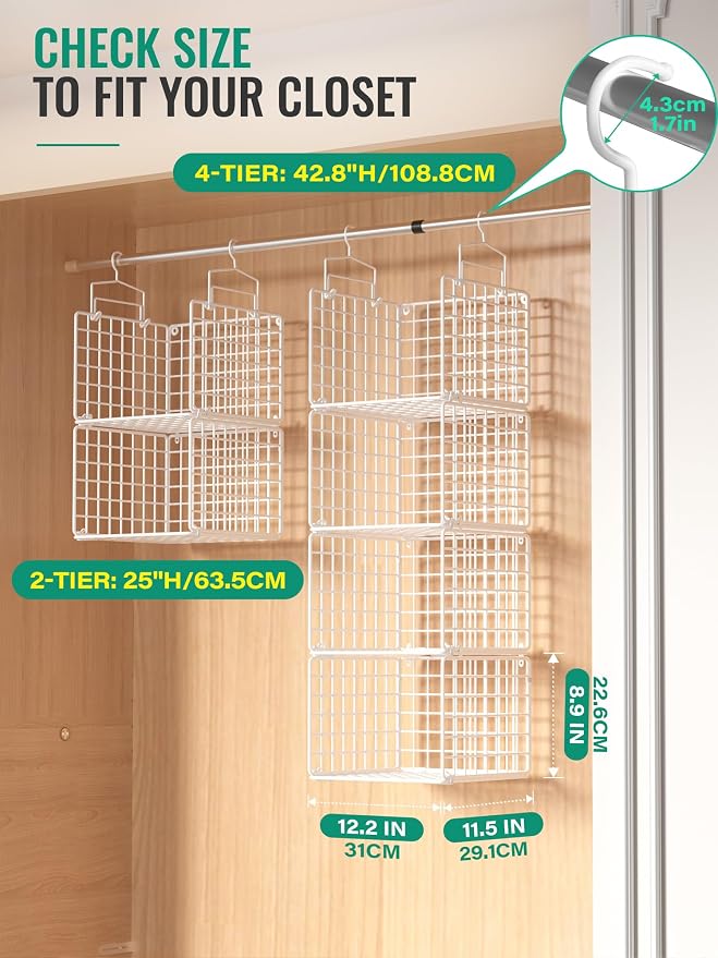 Hanging Closet Organizer, 4 Tier Metal Closet Organizers and Storage with 4 Hanging Hooks 4 S-Hooks for Wardrobe Laundry Room, Wire Storage Shelf for Clothes Sweaters Pants (White) - Image 2