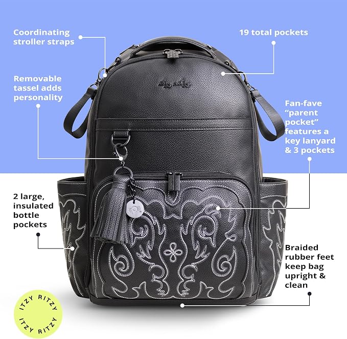 Itzy Ritzy Boss Plus Diaper Bag Backpack with 19 Pockets (Outlaw Black) | Large Diaper Bag Backpack Includes 2 Insulated Bottle Pockets, Changing Pad, Stroller Clips, Padded Straps, Travel-Ready - Image 4