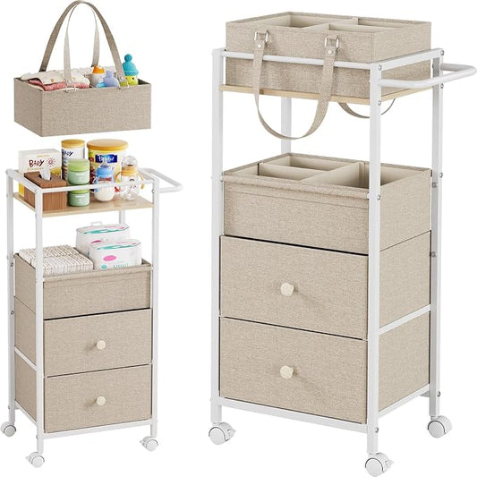 3In1 Modanais Baby Diaper Caddy Organizer Cart with Drawers, Off White | Rolling Storage Cart, Removable Diaper Caddy, Detachable Dividers - for Crib, Bedroom, Art & Craft Organizer by HomeOrganizersandStorage