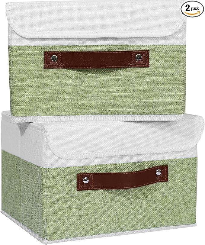 ANMINY Fabric Storage Box Bins with Lids, Green White, 10"x8"x7", 2 Pack | Keepsake Memory Storage, Cotton Linen, PP Board Reinforced, Washable, PU Handles, Foldable & Stackable, Decorative, Small by ANMINY