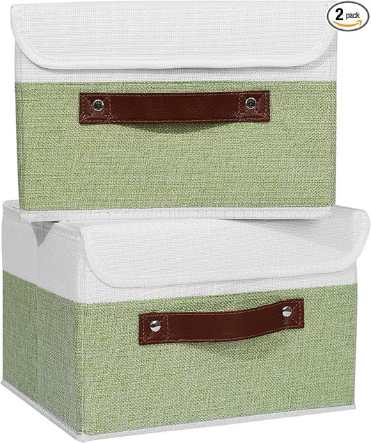 ANMINY Fabric Storage Box Bins with Lids, Green White, 10"x8"x7", 2 Pack | Keepsake Memory Storage, Cotton Linen, PP Board Reinforced, Washable, PU Handles, Foldable & Stackable, Decorative, Small by ANMINY