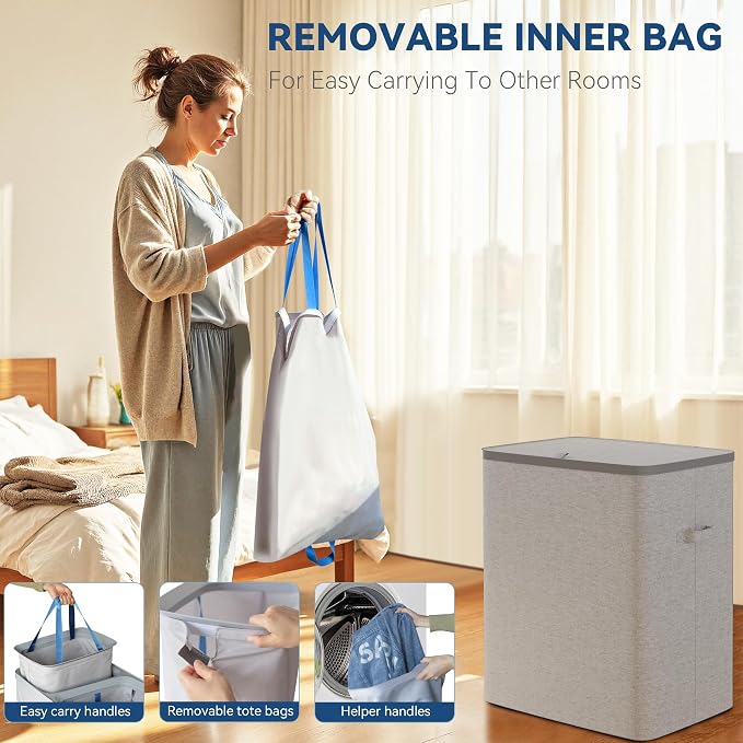 Dual Section 90 liter/23.8 gallon Laundry Hamper Separation Basket with lid, 2 Removable Washing Bags with Handles,Large Laundry Sorter for Easy Clothes Separation - Gray - Image 4