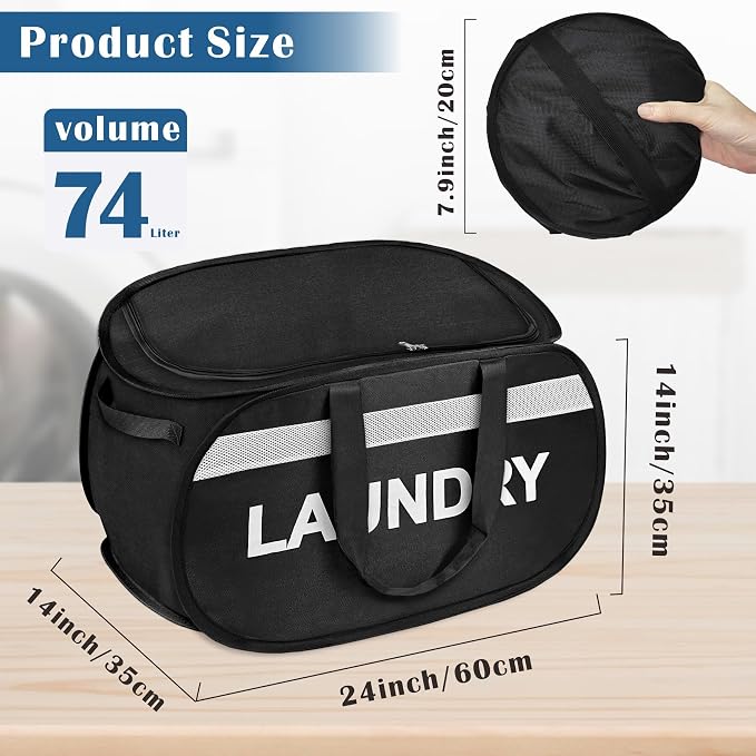 Large Collapsible Laundry Baskets Pop Up Laundry Hamper with Reinforced Handles Foldable Laundry Hamper for Home Laundry (Black Laundry with Lid) - Image 6