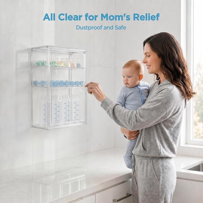 HBlife Baby Bottle Storage Organizer for Wall Countertop Cabinet, 3 Tiers Adjustable Clear Acrylic Bottles Storage Station Case Box Container with 2 Removable Dividers and Magnetic Door, Small - Image 2