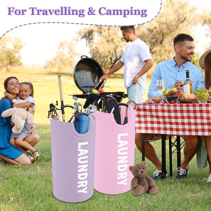 2Pcs 95L Purple + Pink Laundry Basket, Folding Laundry Hampers for Women with Soft Handles, Freestanding Dirty Clothes Basket, Sturdy Oxford Fabric Clothes Hampers for Travel, Dormitory - Image 7