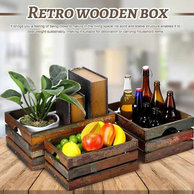 Barydat Set of 5 Wood Crates for Display Decorative Nesting Wooden Crate Storage with Handles Vintage Farmhouse Style Decorative Boxes Multipurpose Fruits Vegetables Boxes(Colored Drawing,Random) - Image 3