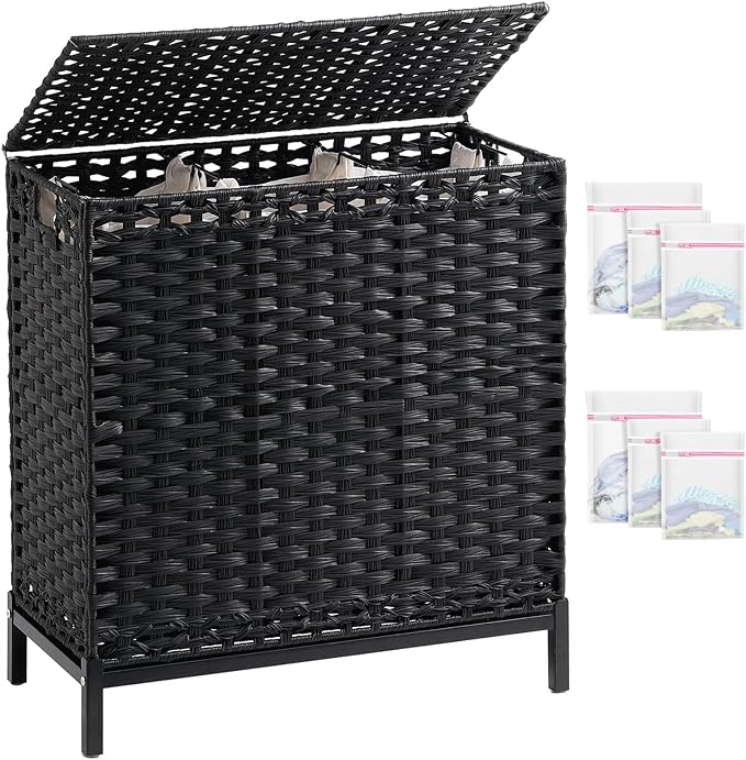 SETVSON Laundry Hamper with Lid, 35 Gal 3-Bag Clothes Sorter, Black | Large Family Laundry Trunk with Lid, 3 Compartment Sorting Liner, 6 Wash Bags, Elevated PE Rattan Bin with Handles by SETVSON