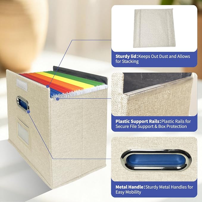 4 Pack Hanging File Folder Box with Lid, Durable Letter Size Filing Storage Box, Sturdy File Holder with Cardboard Support PVC Rails for Office Home Organizer, Beige - Image 5