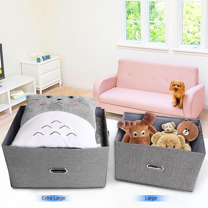 Large Linen Fabric Foldable Storage Bins with Removable Lid and Handles, Washable Storage Box Organizer Containers Baskets Cube with Cover for Bedroom,Closet,Office (Grey, Extra Large(2-Pack)) - Image 4