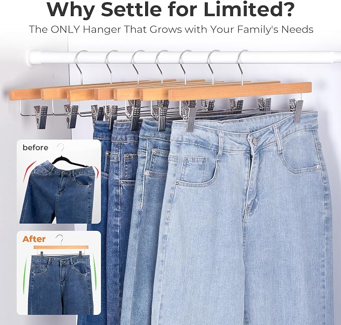 HOUSE DAY Wooden Pants Hangers with Clips, 20 Pack Skirt Hangers, Natural | 14-Inch Wood Hangers with Adjustable Non-Slip Metal Clips & 360° Swivel Hooks, Heavy Duty for Jeans, Slacks, Trousers, Shorts - Image 6
