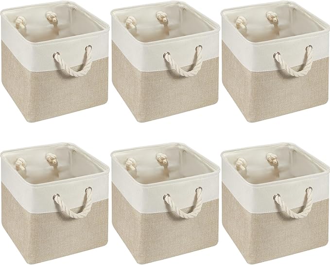 6 Pack 12x12 Inch Cube Storage Bins Square Fabric Cube Baskets, Light Brown | Foldable Organizer with Sturdy Handles, Home Closet Bin for Shelves, Durable Cube Baskets Bulk for Home Storage by Geiserailie
