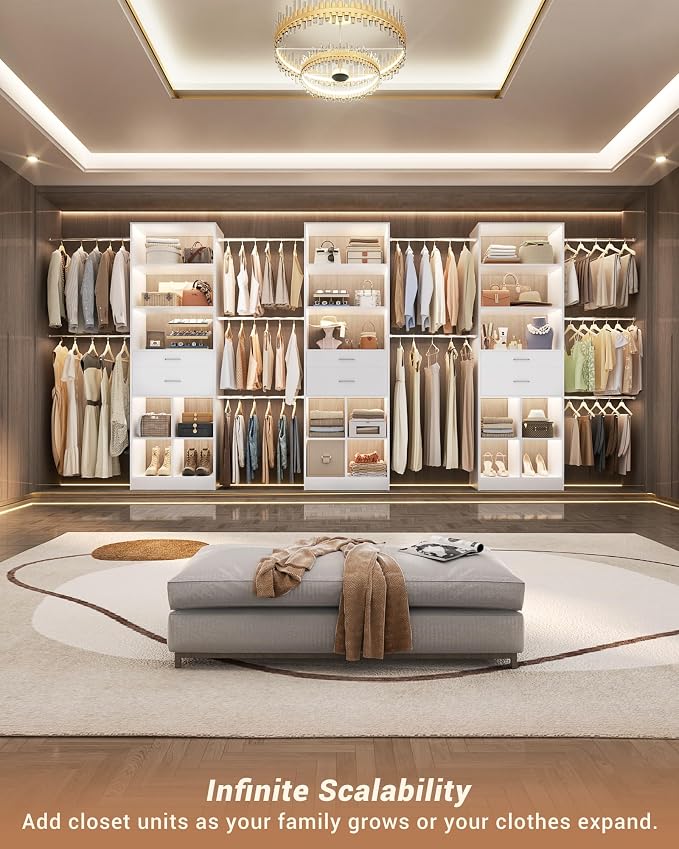 Besiost Small Closet System, 3.2-6.8FT Small Closet Organizer with 2 Wooden Drawers & 5 Hanging Rods, Can Fit 37.5 to 81.9 inch Walk-in Closet System, Built-in, White, Enclosed Storage Volume 2.32 ft³ - Image 2