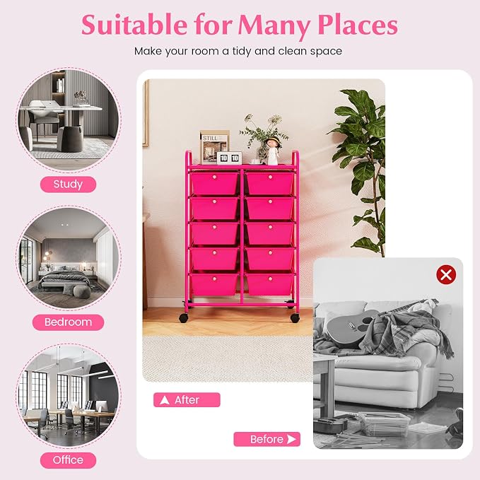 RELAX4LIFE 10-Drawer Rolling Storage Cart - Mobile Craft Art Supply Storage Organizer for Tool Scrapbook Paper Salon, Office School Classroom Teacher Rolling Cart with Drawers, Utility Cart on Wheels - Image 7