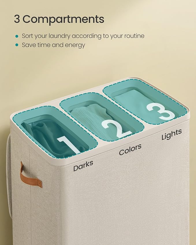 SONGMICS Laundry Basket, 50.2 Gal. Laundry Hamper, 3 Compartments, Easy Assembly, with Lid and Handles, Removable Liners, 25.2 x 15.7 x 29.5 Inches, Cappuccino Beige ULCB814LH01 - Image 3
