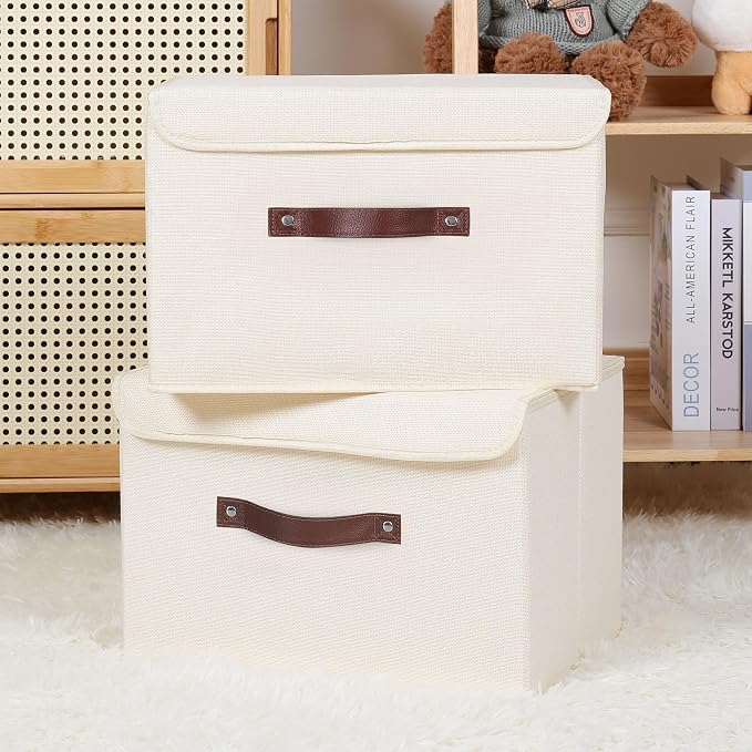 ANMINY Fabric Storage Box Bins with Lids, Beige, 13"x9"x7.9", 4 Pack | Keepsake Memory Storage, Cotton Linen, PP Board Reinforced, Washable, PU Handles, Foldable & Stackable, Decorative, Medium - Image 2