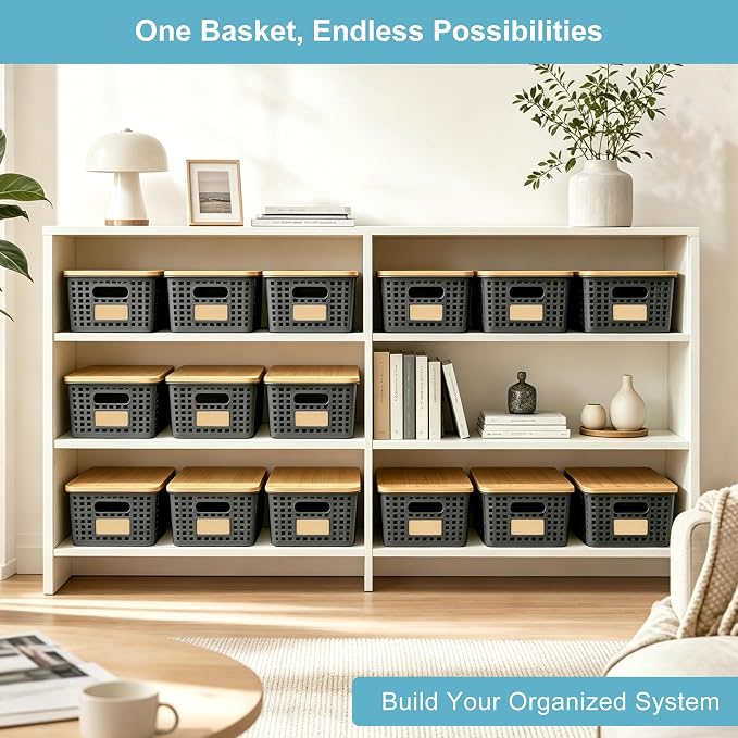 Small Plastic Storage Bins with Bamboo Lids 5.2qt Stackable Box Basket Pantry Decorative Containers Cute with Lable for Organizing Desktop Closet Office Gray of 6 packs 10 * 7.2 * 4.1" - Image 6