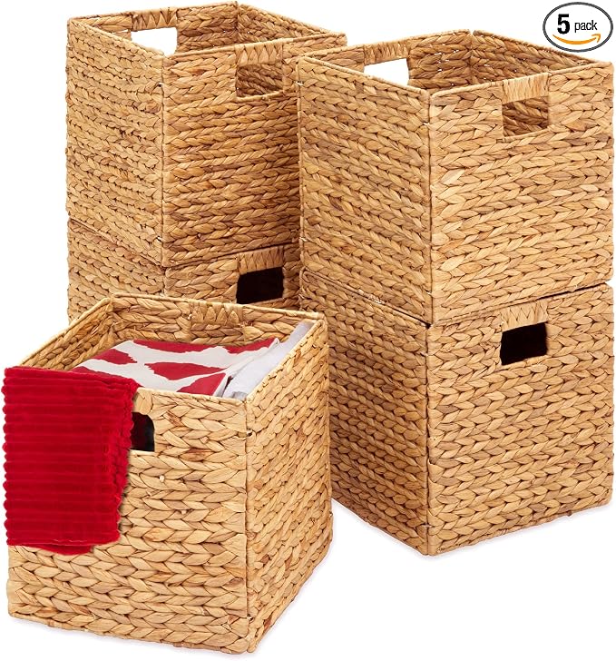 Best Choice Products 12x12in Hyacinth Baskets, Rustic Set Of 5 Multipurpose Collapsible Storage Organizer, Handwoven Laundry Totes for Bedroom, Living Room, Shelves w/Inserts - Natural by Unknown
