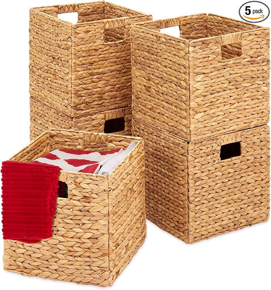 Best Choice Products 12x12in Hyacinth Baskets, Rustic Set Of 5 Multipurpose Collapsible Storage Organizer, Handwoven Laundry Totes for Bedroom, Living Room, Shelves w/Inserts - Natural by Unknown