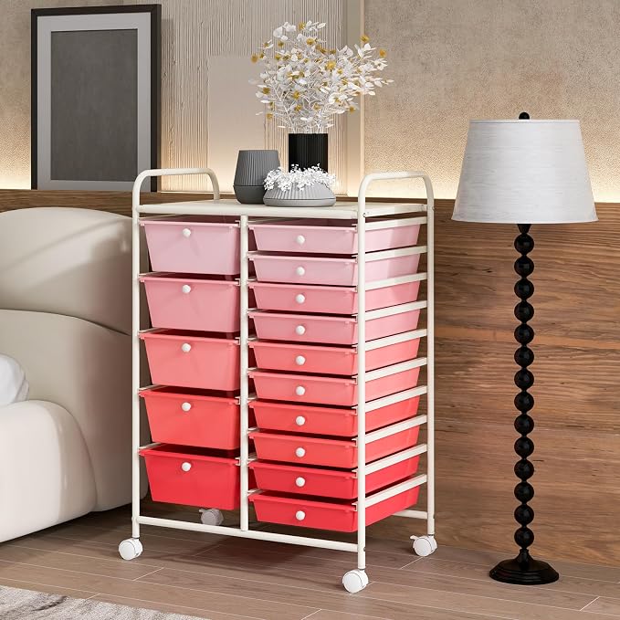 RELAX4LIFE 15-Drawer Storage Drawer Carts - Mobile Rolling Utility Cart w/Wheels, Craft Organizer for Classroom Organization and Storage, School, Office, Home, Storage Organizer Cart (Gradient Pink) - Image 9
