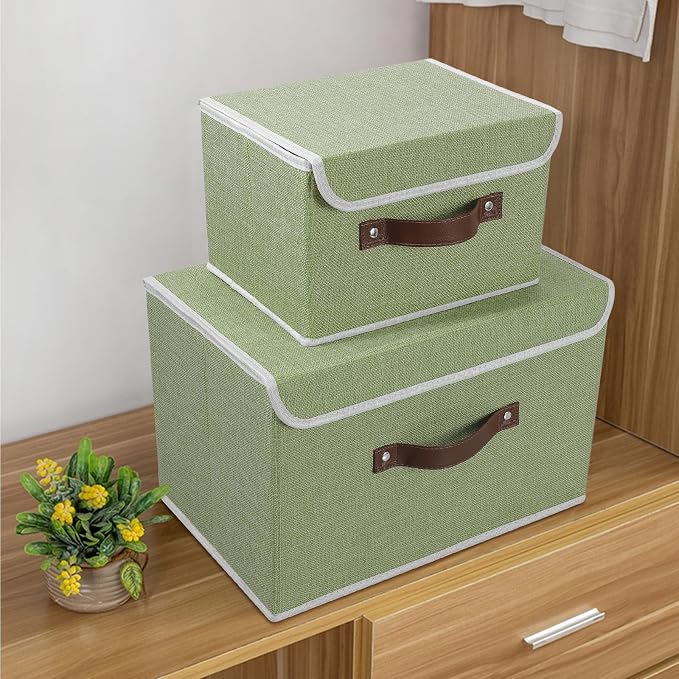 ANMINY Fabric Storage Box Bins with Lids, Green, 13"x9"x7.9", 2 Pack | Keepsake Memory Storage, Cotton Linen, PP Board Reinforced, Washable, PU Handles, Foldable & Stackable, Decorative, Medium - Image 6