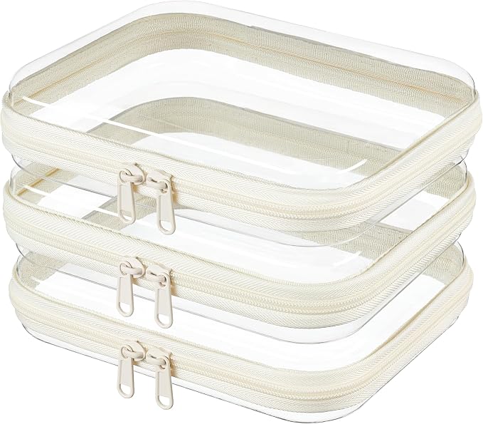 3-PCS Medium Clear Hard Shell Zipper Pouches, Clear Zipper Bags | Ivory Hard Case Pouches for Purse & Diaper Bag Organizer, Travel Essentials, Clear Storage Bags, and Travel Zipper Container by WELPIRT