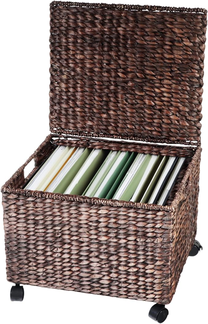 Trademark Innovations Rolling File Box Wicker File Cabinet Hanging File Baskets Water Hyacinth Storage Basket (Dark Brown) by Trademark+Innovations