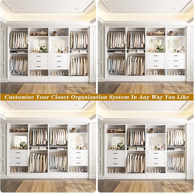 Unikito 100" Wood Closet System with Drawers and Mirror, White | Large walk in wardrobe organizer with hanging rods and adjustable shelves, sturdy freestanding garment rack tower. - Image 3