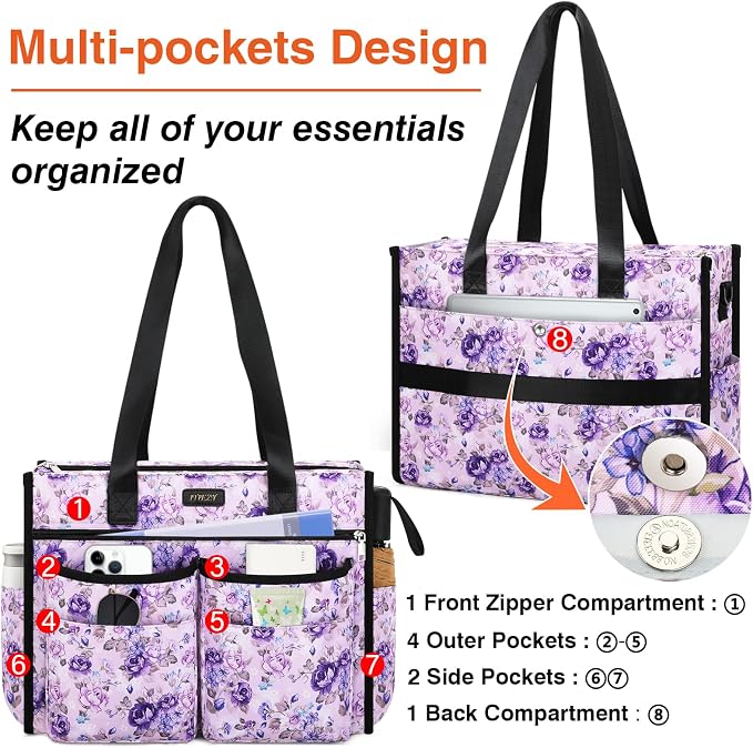 ITIEZY Large Utility Tote Bag for Women with 18 Pockets, Waterproof Teacher Nurse Bags with Zipper for Everyday Travel Work - Image 4