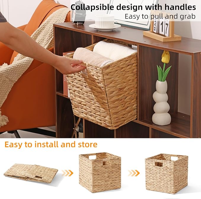 Water Hyacinth Storage Basket, Set of 2 Hand-Woven Wicker Baskets, Foldable Cube Storage Bins, Wicker Cube Laundry Organizer, Square Baskets for Organizing Shelves Decor, 12x12x12in - Image 4