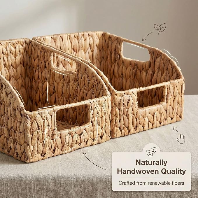 DEILSY™ Water Hyacinth Wicker Storage Baskets for Shelves with Handles 2pk | wicker basket with built-in handles, woven basket, ideal for towels, toys, pantry items and everyday home organization - Image 3