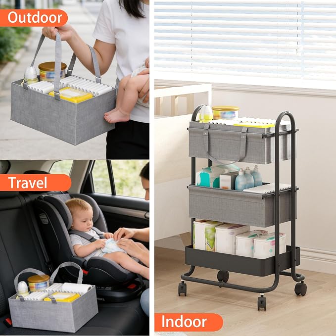 2In1 Baby Diaper Caddy Organizer with Dividers,3-Tier Diaper Rolling Cart,Mobile Metal Utility Cart for Baby Nursery,Baby Bedside Cart, Large Capacity Black - Image 4