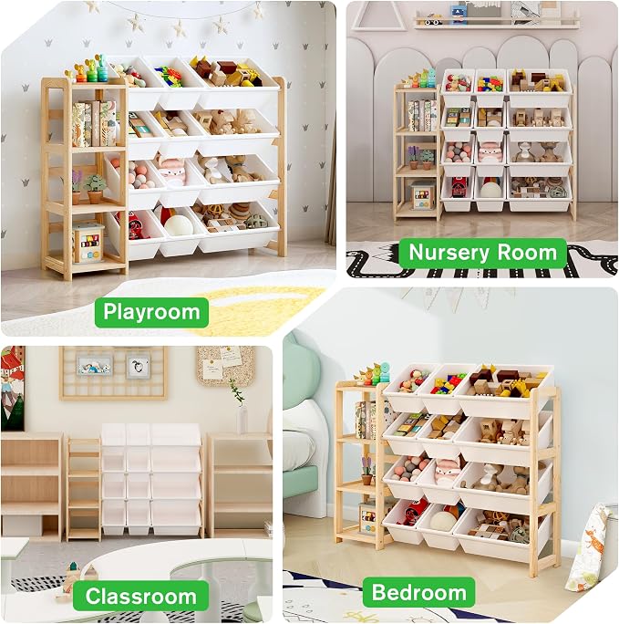 MallBest Toy Storage Organizer with Bookshelf, Kids Wooden Shelf with 12 Removable Bins for Books, Toys, Playroom, Nursery, Bedroom, Natural, Medium - Image 6
