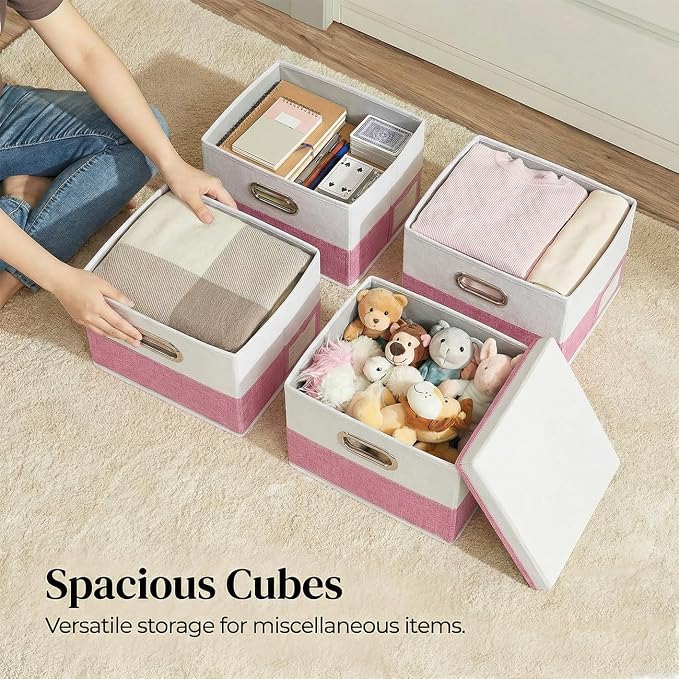 Storage Bins with Lids [3-Pack] Linen Fabric Foldable Storage Boxes Organizer Containers Baskets Cube with Cover for Bedroom Closet Office Pink&White（11.4X8.6X6.7 - Image 3