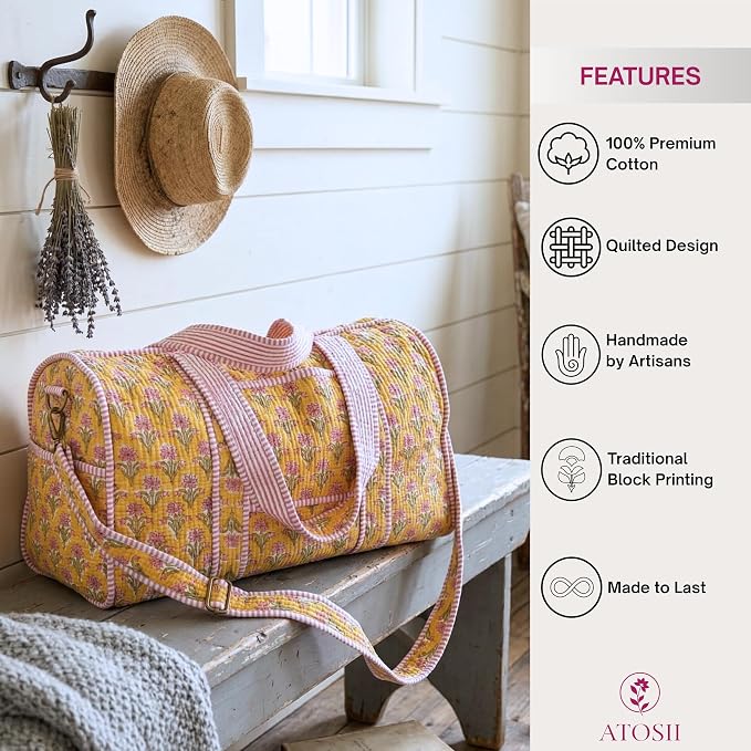 ATOSII Handblock Print 100% Cotton Large Quilted Duffle Bag for Overnight Trip, Travel Weekend Bag, Gym, Luggage, 2 Pockets with Zipper, 1 Front Pocket, Detachable Long Strap, 20 X 10 X 12 Inches, Sol - Image 4
