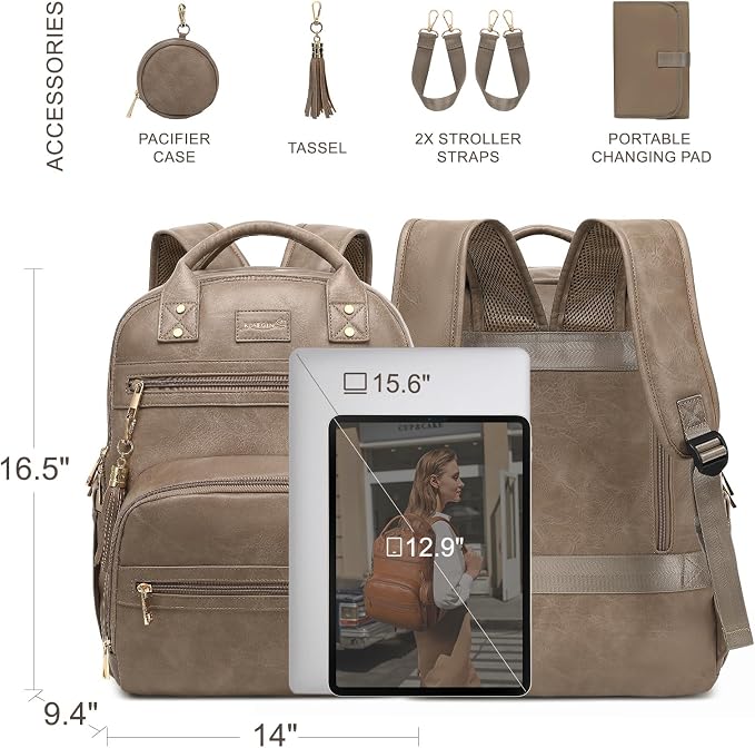 ROSEGIN Premium Vegan Leather Diaper Bag Backpack with Waterproof Changing Pad, Reinforced Zippers & Odor-Free, 20 Pockets Pro Organizer, Fits 15.6" Laptop, Stroller Straps, Baby Bag for Mom, Taupe - Image 5