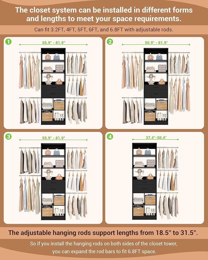 Besiost Small Closet System, 3.2-6.8FT Small Closet Organizer with 5 Hanging Rods, Can Fit 37.5 to 81.9 inch Walk-in Closet System, Built-in, Black, Enclosed Storage Volume 2.32 ft³ - Image 4