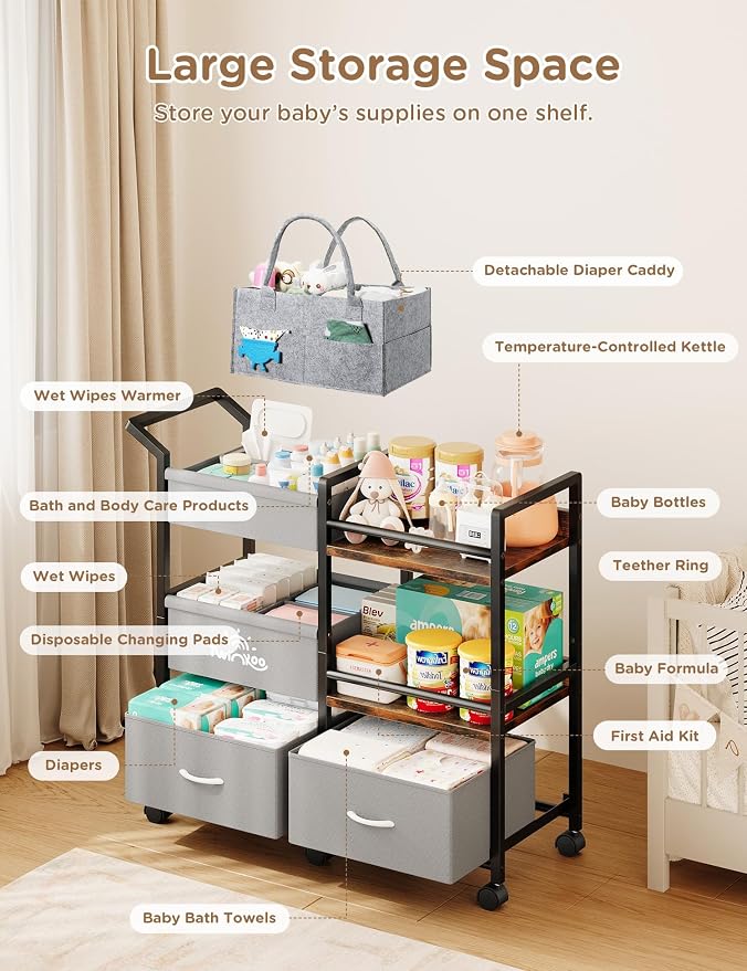 Twinkoo Baby Diaper Caddy Organizer, 3 Tier Rolling Cart | Tiered Modular Configuration, 66 lbs Capacity, Rolling Wheels, Dipaer Bag, Nursery Newborn Essentials, Easy To Assemble - Image 2