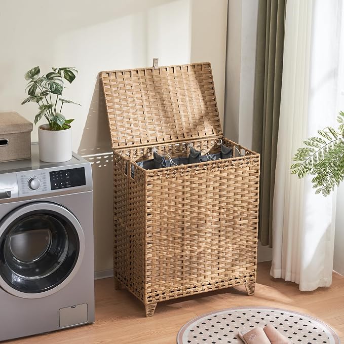 Laundry Hamper with Lid, 190L Large Laundry Basket 3 Section with 6 Removable Liner Bags & 3 Mesh Laundry Bags, Handwoven Rattan Clothes Hamper with Heightened Feet, No Install Needed, Natural - Image 2