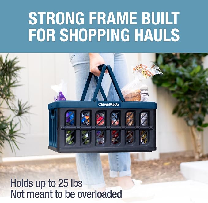 CleverMade Eco Collapsible Shopping Basket with Handles, 24L Ocean, 3 Pack | Keep Groceries Upright in the Car | Rigid Walls Carry 25 lb Each, Stack Securely, and Fold to 2.25 Inches for Storage - Image 2