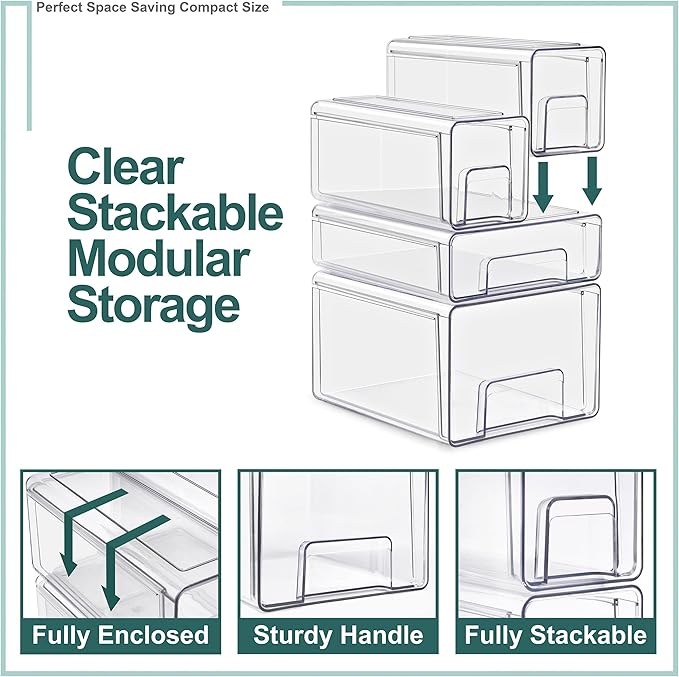 Sorbus Clear Stackable Storage Drawers (1 Large + 1 Medium + 2 Small) | Plastic medicine-cabinet bins with handles and pull-out access for bathrooms, closets, pantries and baby bottles. - Image 5